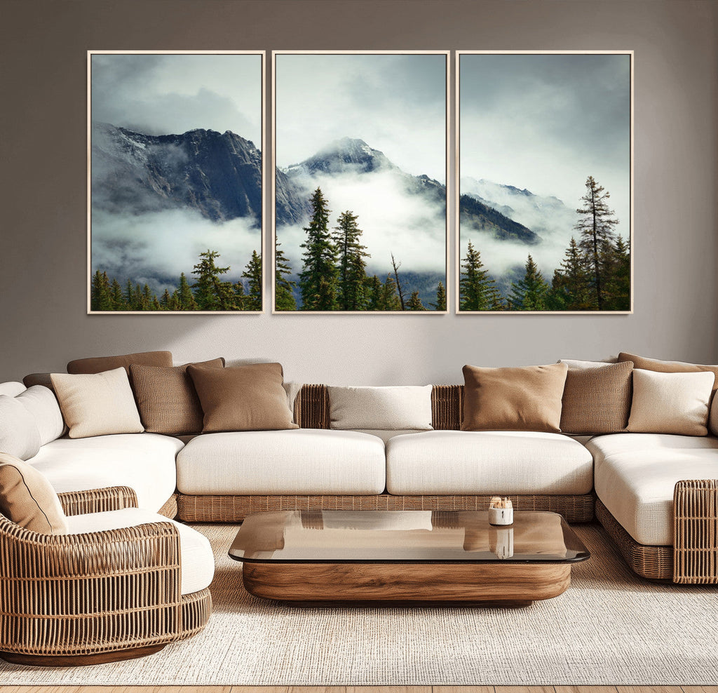 Mountain Mist Canvas Wall Art Print | 3-Panel Foggy Forest and Mountain Landscape
