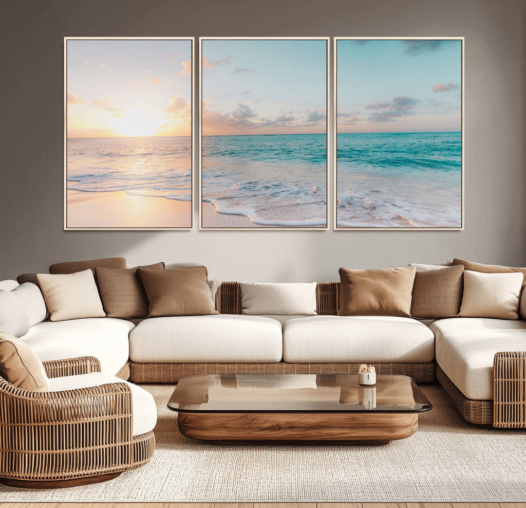 Tranquil Ocean Beach Sunset Canvas Wall Art | 3-Panel Coastal Decor