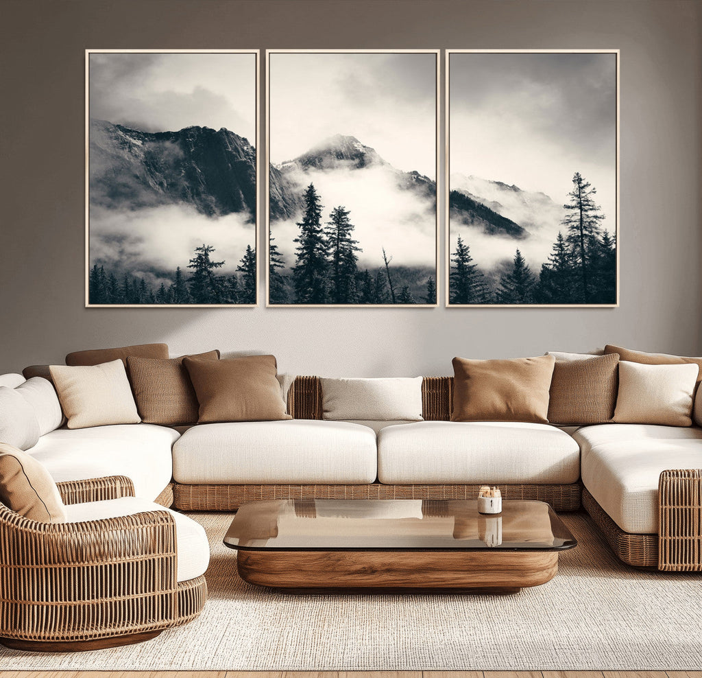 Forest Mountain Print | Black and White Canvas Wall Art with Misty Forest Design