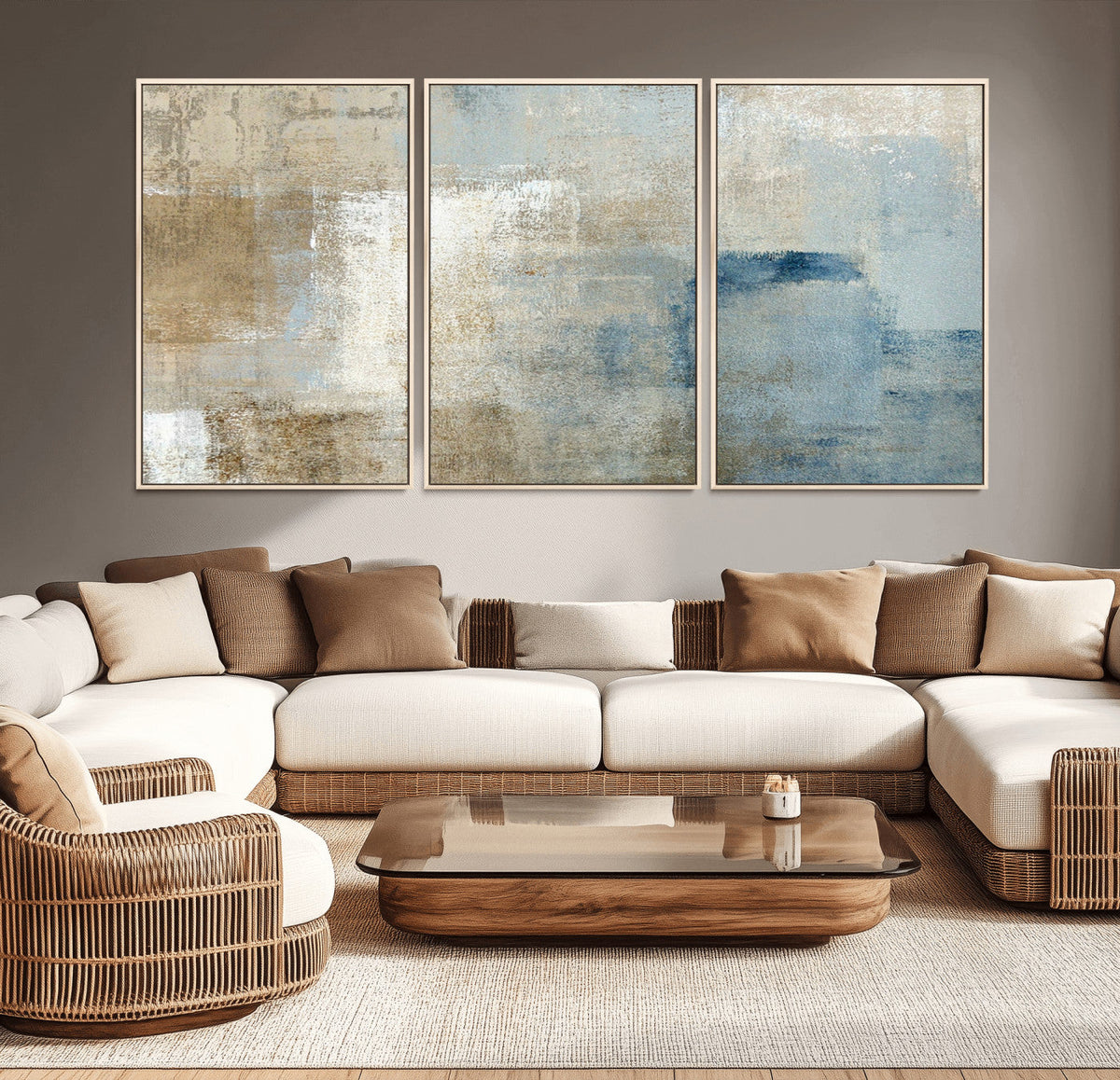 Abstract Blue and Beige Wall Art, Modern Minimalist Canvas Print Set