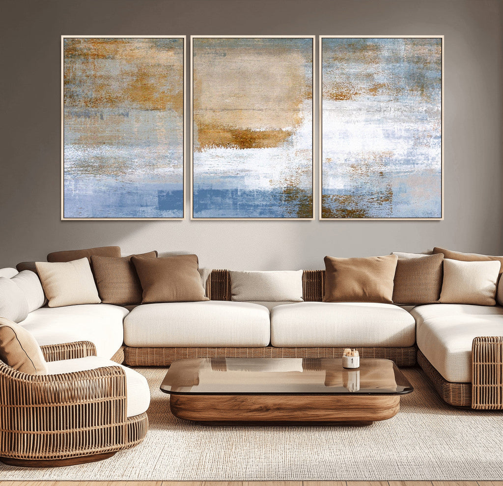 Blue Multi Panel Abstract Wall Art Canvas, Abstract Blue and Gold Canvas Print