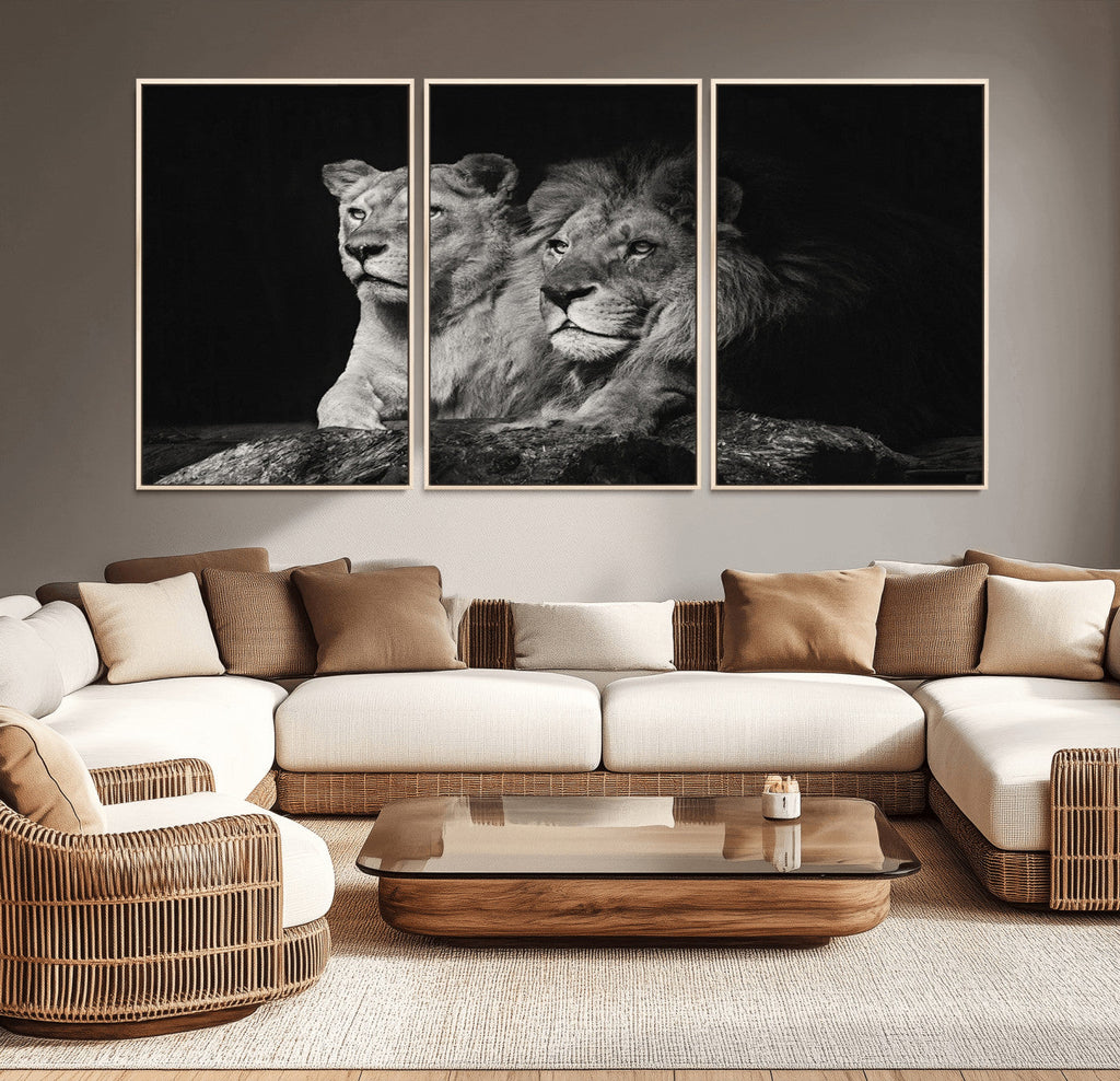 Lion Couple Wall Art Canvas Print, Elegant Black and White Wildlife Portrait