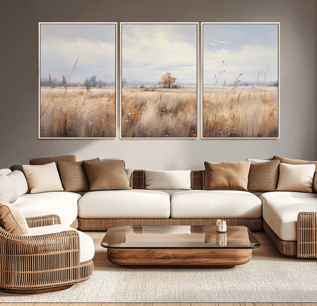 Golden Fields Wall Art Print Canvas | Serene Minimalist Landscape for Farmhouse Decor