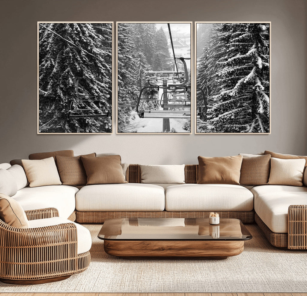 Winter Ski Lift Black and White Canvas Wall Art | Alpine Escape in Minimalist Style