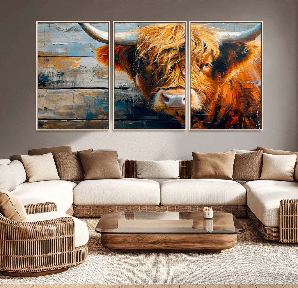 Highland Cow Abstract Canvas Wall Art, Bold Farmhouse Decor