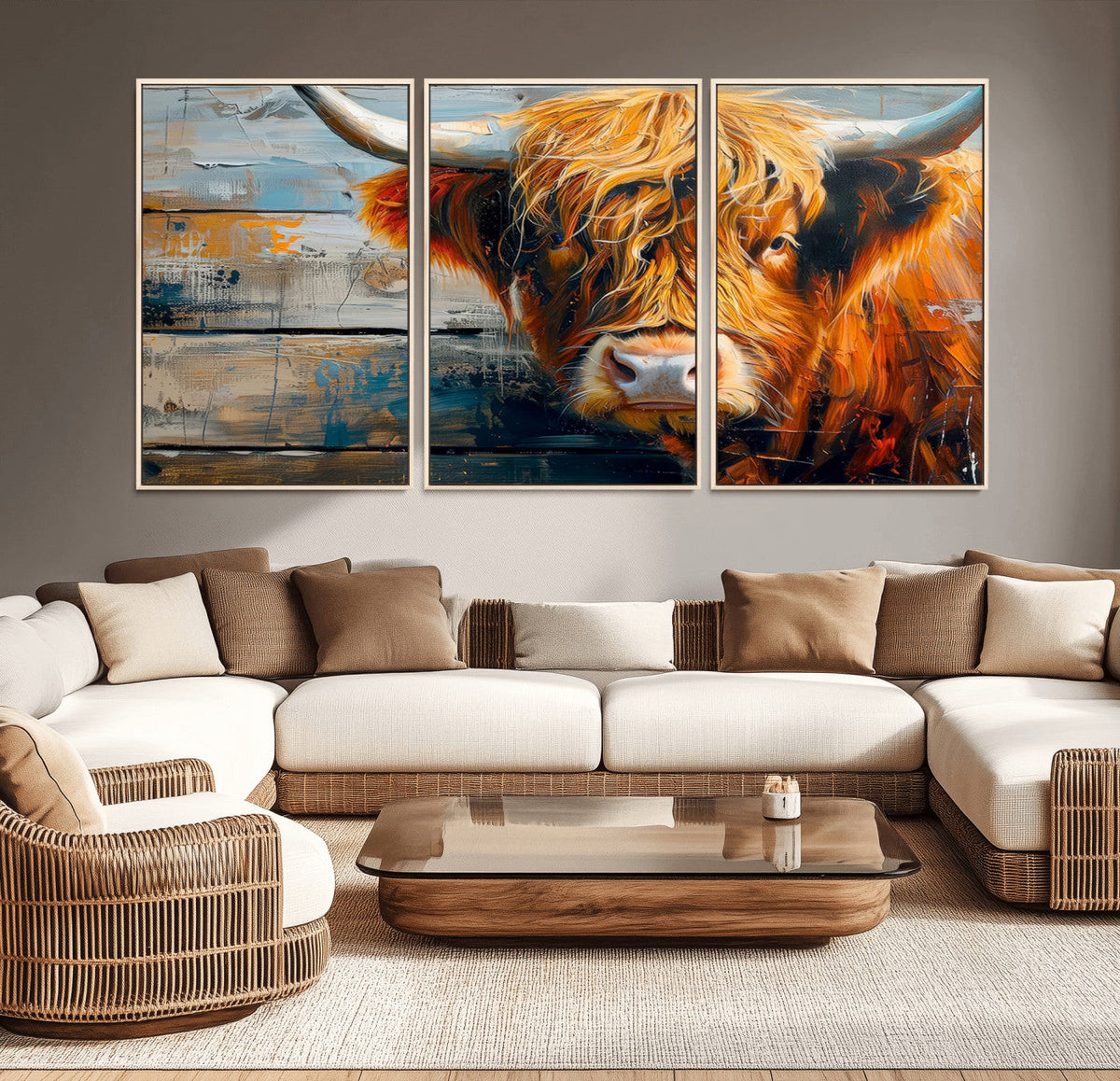 Highland Cow Abstract Canvas Wall Art, Bold Farmhouse Decor