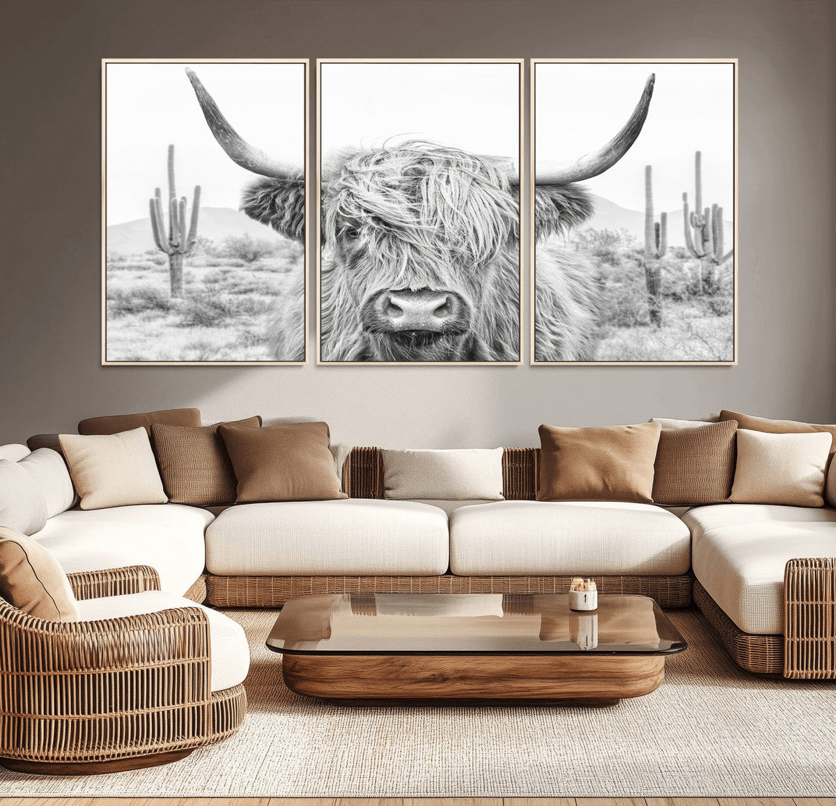 Rustic Charm, Cow Longhorn Black White Bighorn Wall Art