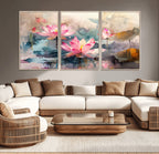 Lotus Flower Wall Art | 3 Panel Giclee Canvas Print of Pink Lotus Blossoms