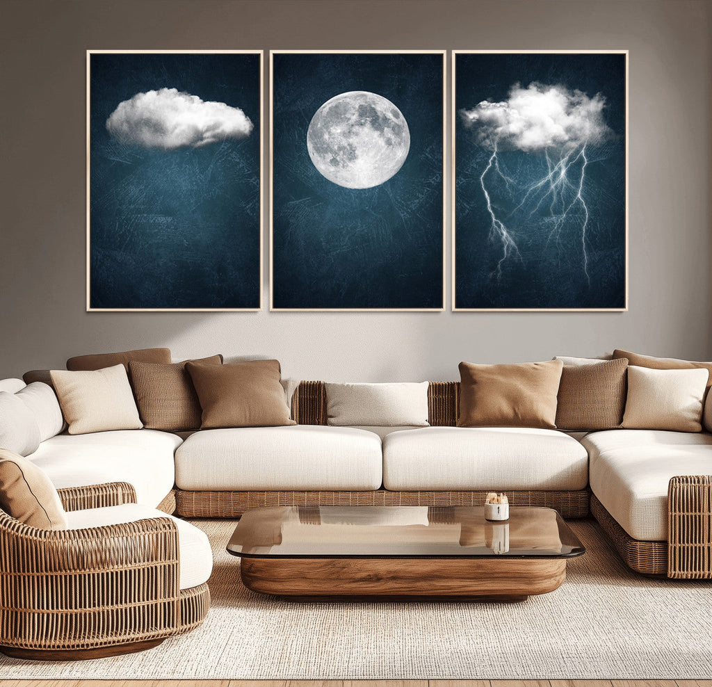 3 Piece Indigo Cloud Wall Art, Thunderstorm Moon Cloud Artwork