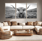 Black White Scottish Highland Cow Canvas Farm Wall Art