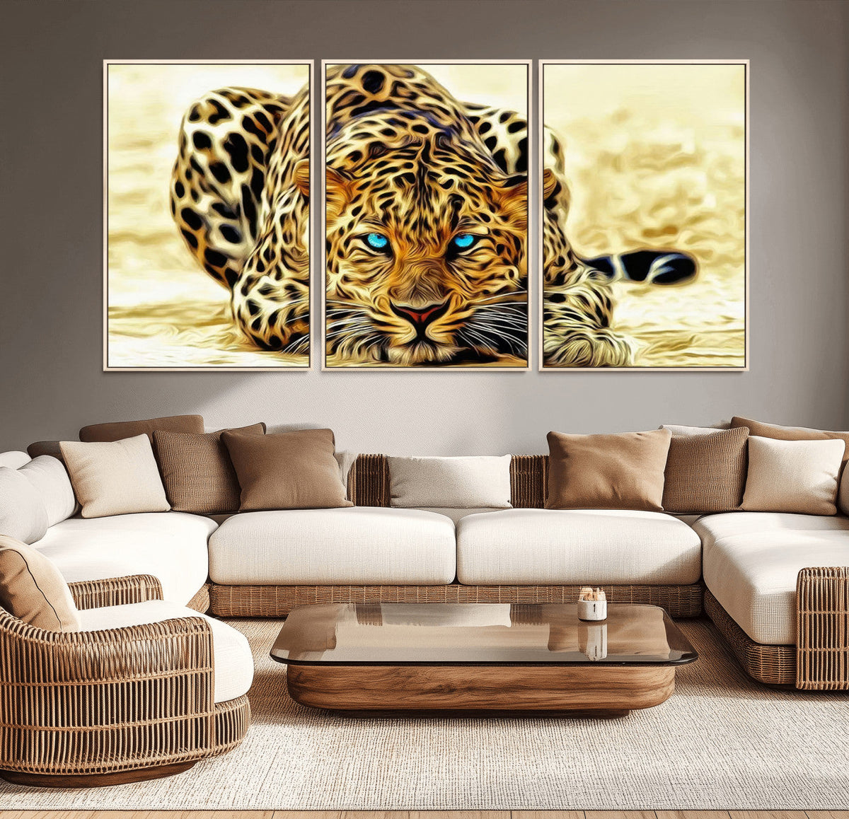 Blue-Eyed Leopard Canvas Wall Art, Framed Animal Print, Fierce and Bold Decor for Living Rooms