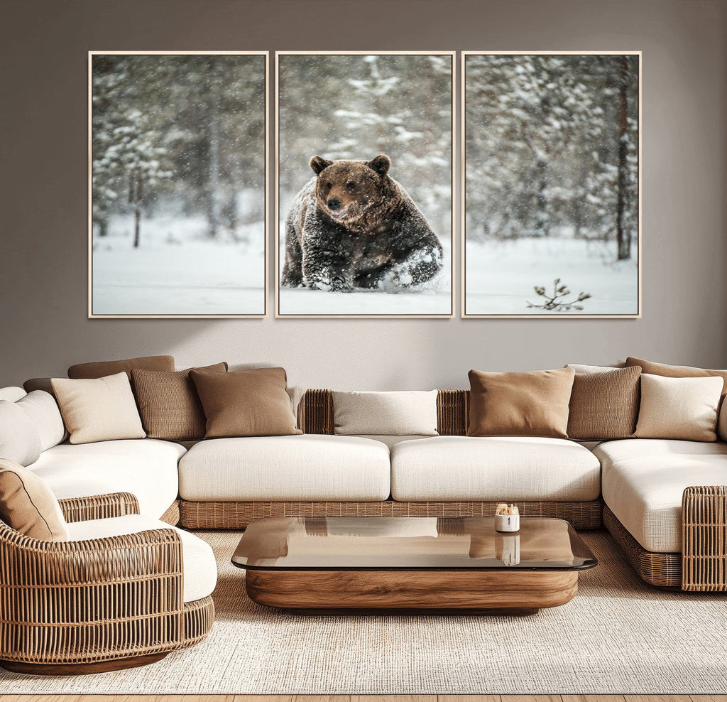 Grizzly Bear Wall Art | Framed Snowy Forest Canvas Artwork
