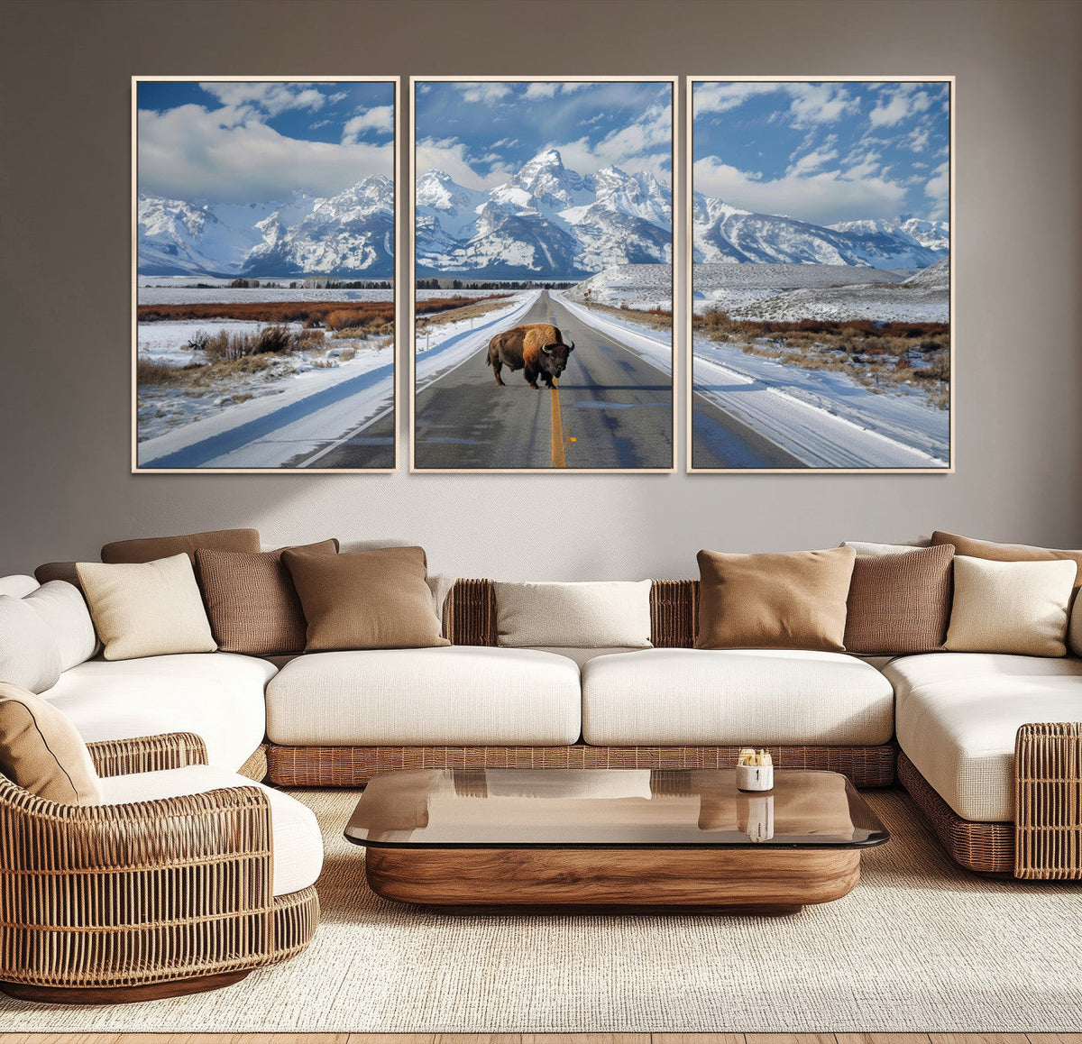 Bison Wall Art | Snowy Road Wall Art | Framed Mountain Landscape Canvas