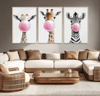 Bubblegum Animals Canvas Wall Art, Playful Giraffe and Zebra Trio, Whimsical Nursery and Kids Room Decor
