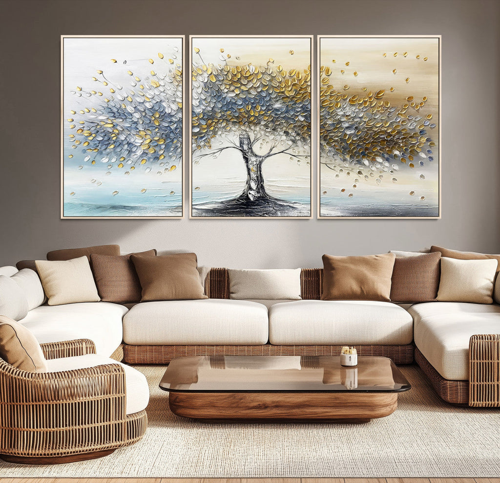 Silver Tree Wall Art | Framed Golden Leaves Canvas Artwork