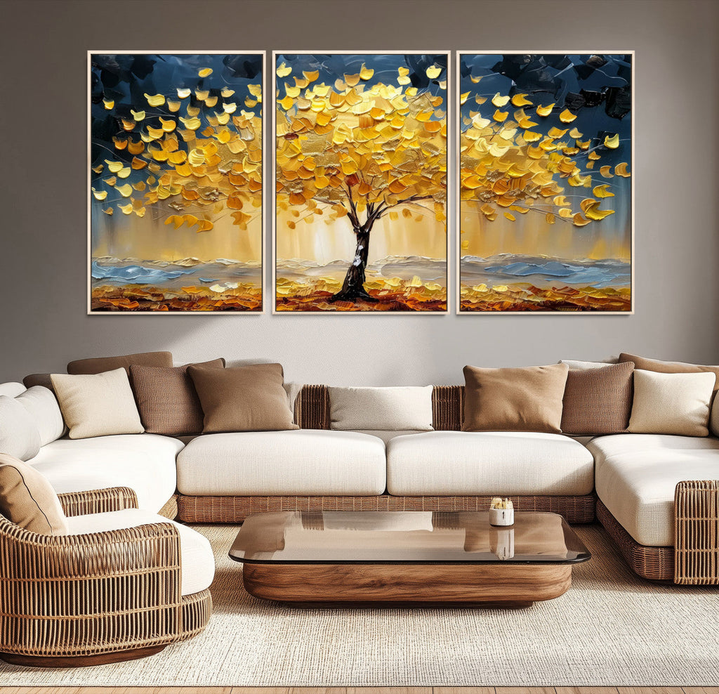 Golden Tree Wall Art | Framed Autumn Leaves Canvas Artwork