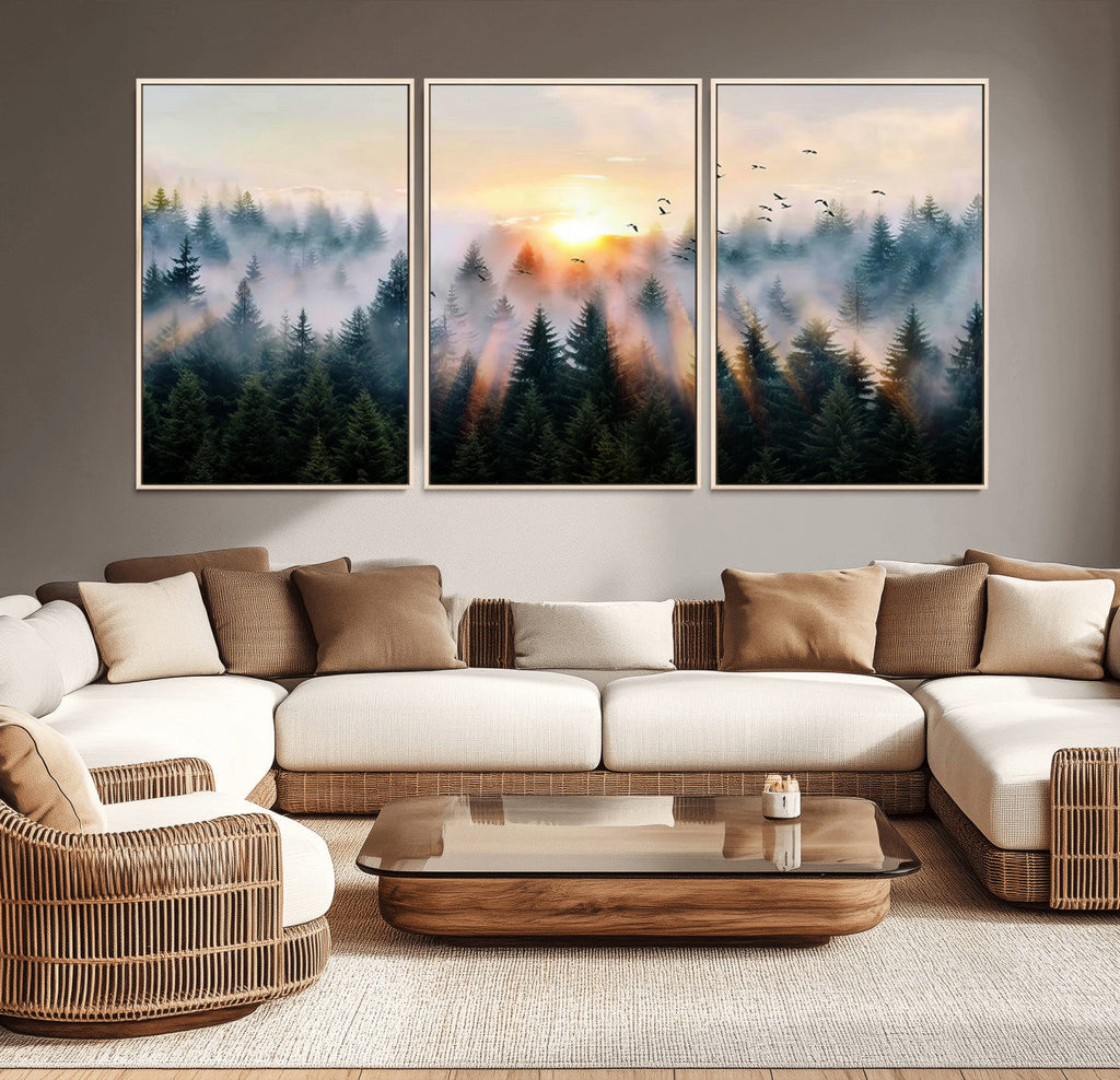 Abstract Forest Wall Art, Serene Nature Canvas Print with Misty Forest Design for Modern Home Decor