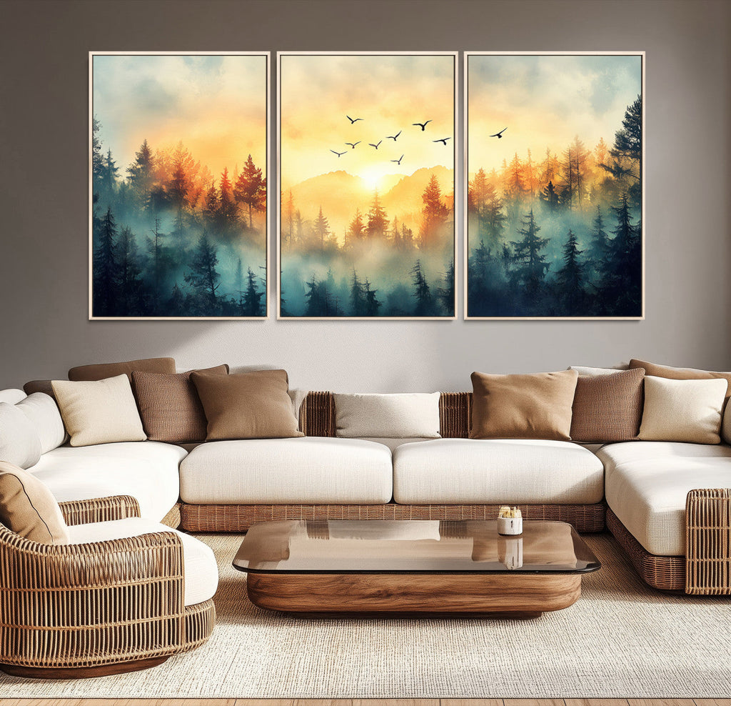 Sunrise Forest Wall Art | Framed Misty Pines Canvas Artwork