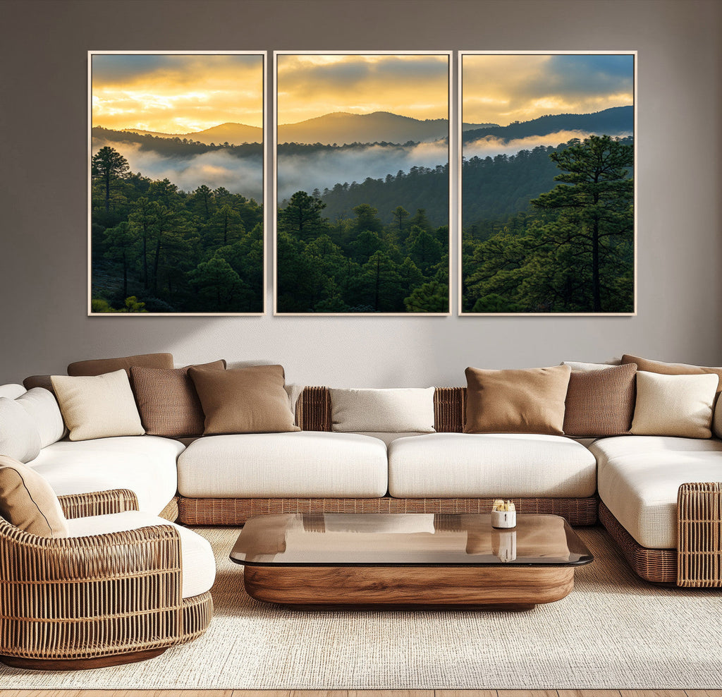Mountain Sunrise Wall Art | Framed Pine Forest Canvas