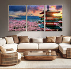 Mount Fuji Cherry Blossom Wall Art Canvas Print | Framed Pagoda Sunset