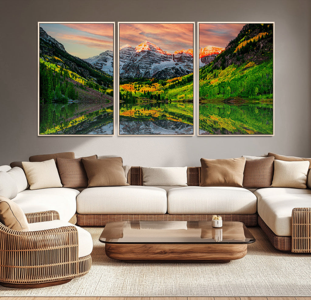 Sunset Glow Mountain Wall Art Canvas Print | Peaks, Green Forest and Lake