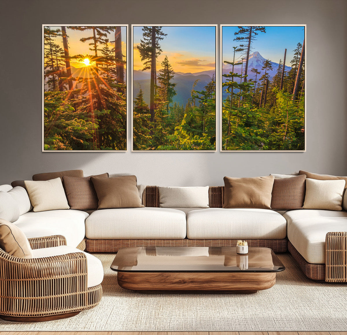 Forest Sunset Wall Art Canvas Print | Green Pines in Golden Light
