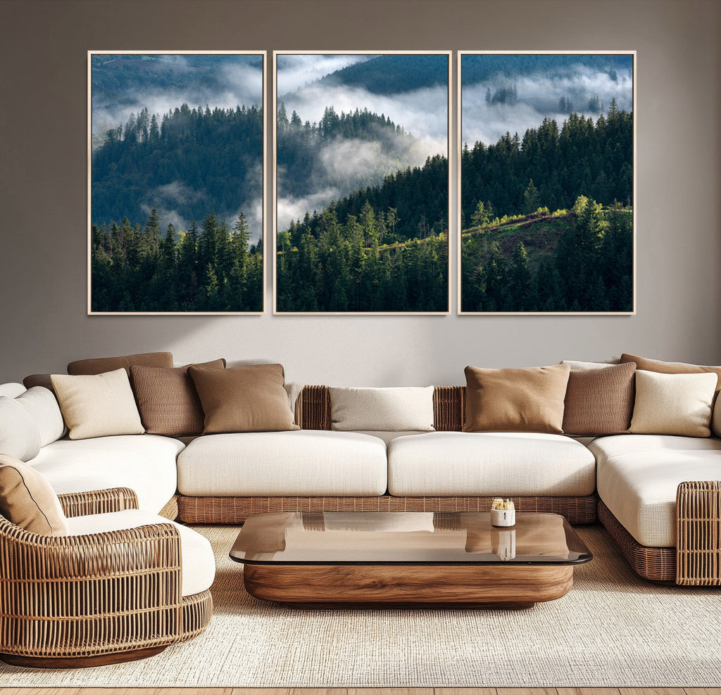 Misty Forest Wall Art Canvas Print | Pine Hills with Foggy Trees