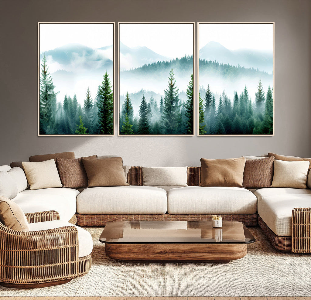 Misty Pine Forest Wall Art, Foggy Mountain Landscape Canvas