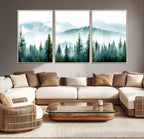 Misty Pine Forest Wall Art, Foggy Mountain Landscape Canvas
