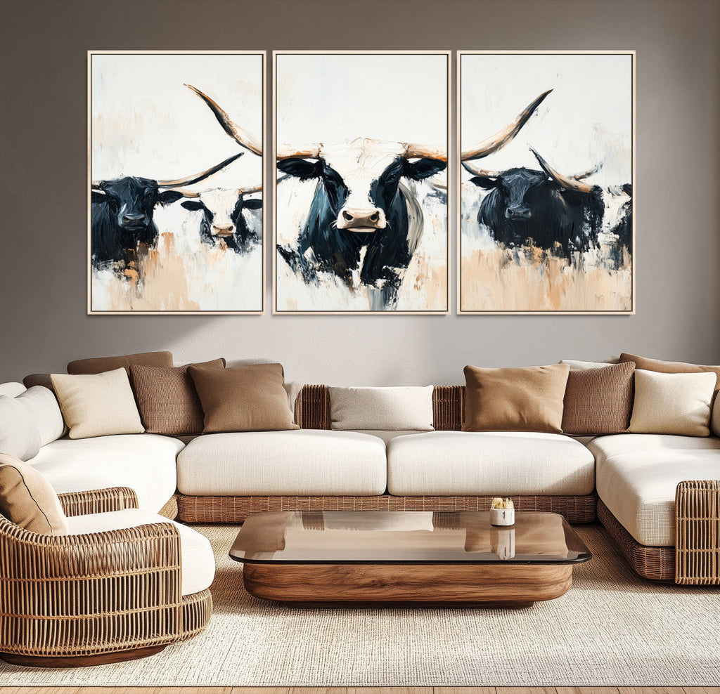 Texas Longhorn Wall Art Canvas Print | Majestic Horned Bull in Black and White