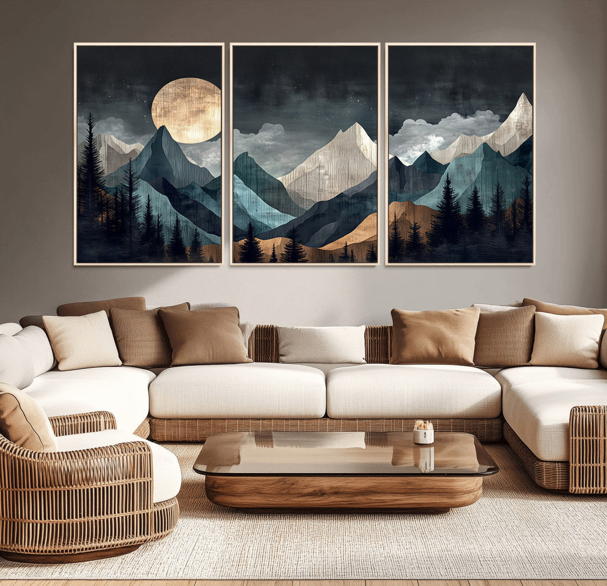 Moonlit Mountain Wall Art Canvas Print, Framed Silhouetted Pines Art, Layered Peaks Rustic Decor