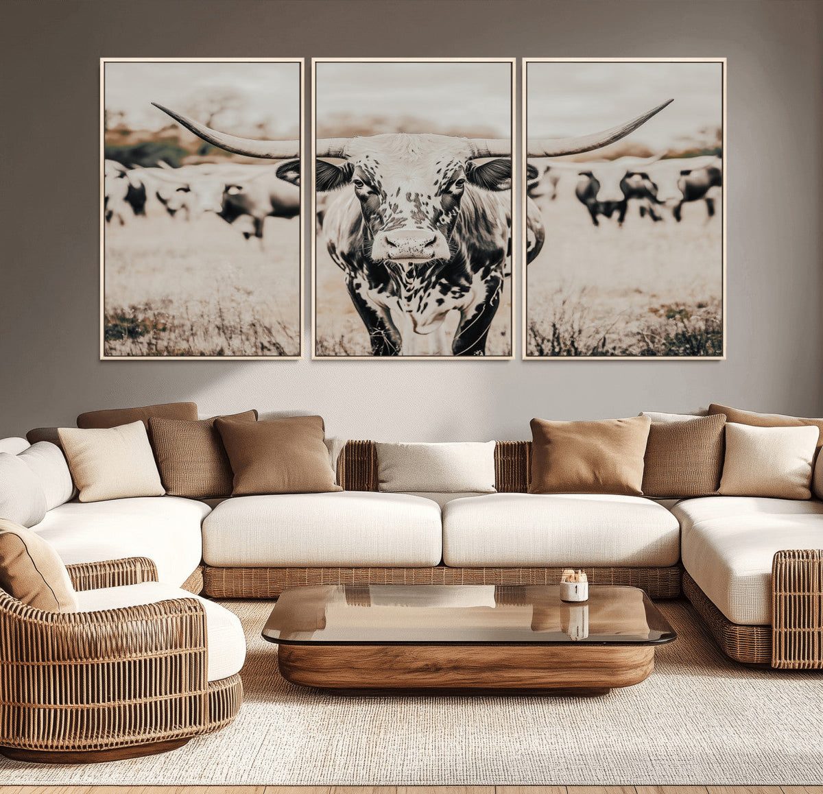 Texas Longhorn Wall Art Canvas Print | Framed Speckled Brown and White Bull