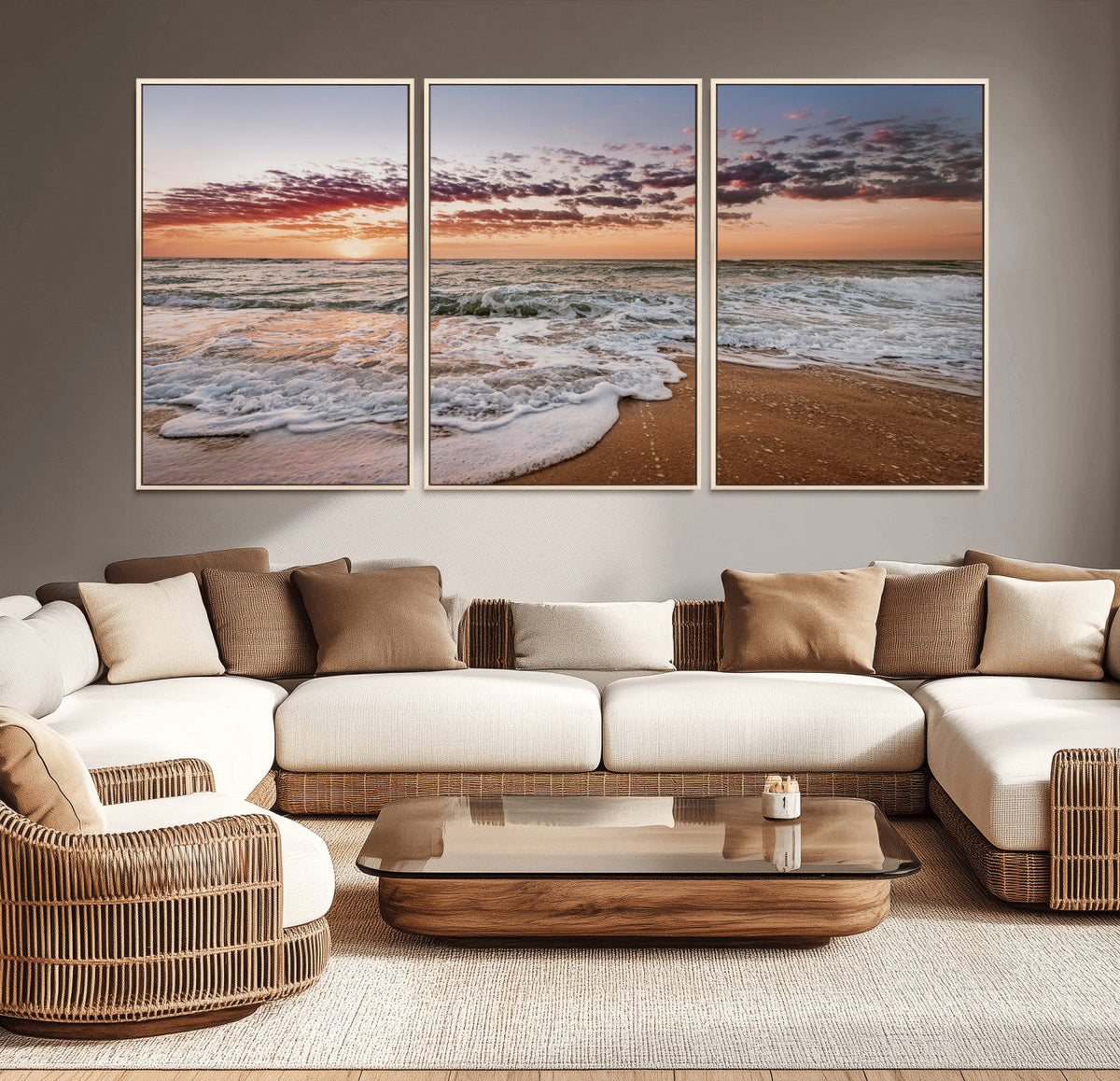 Ocean Sunset Wall Art Canvas Print | Sandy Shore and Gentle Waves