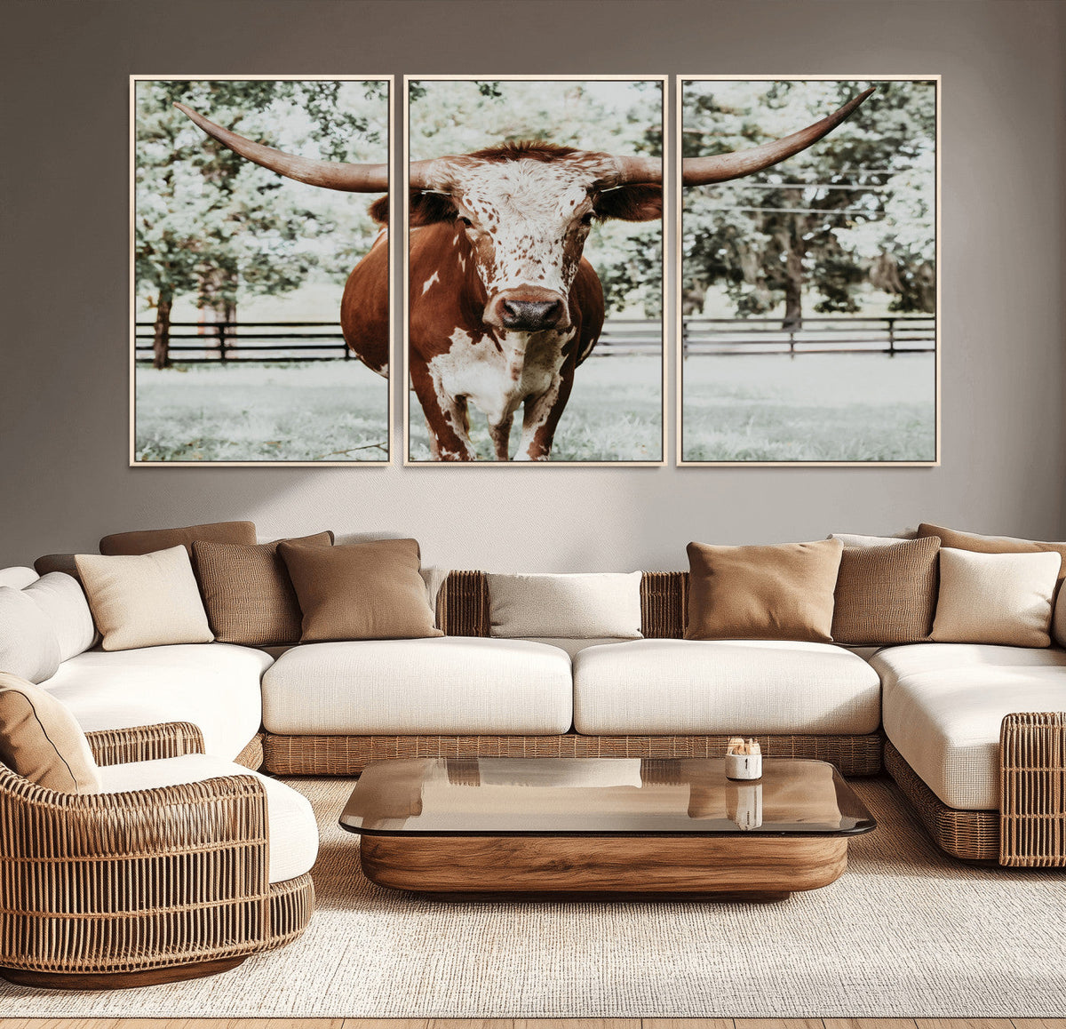 Texas Longhorn Wall Art Canvas Print | Framed Spotted Brown and White Bull