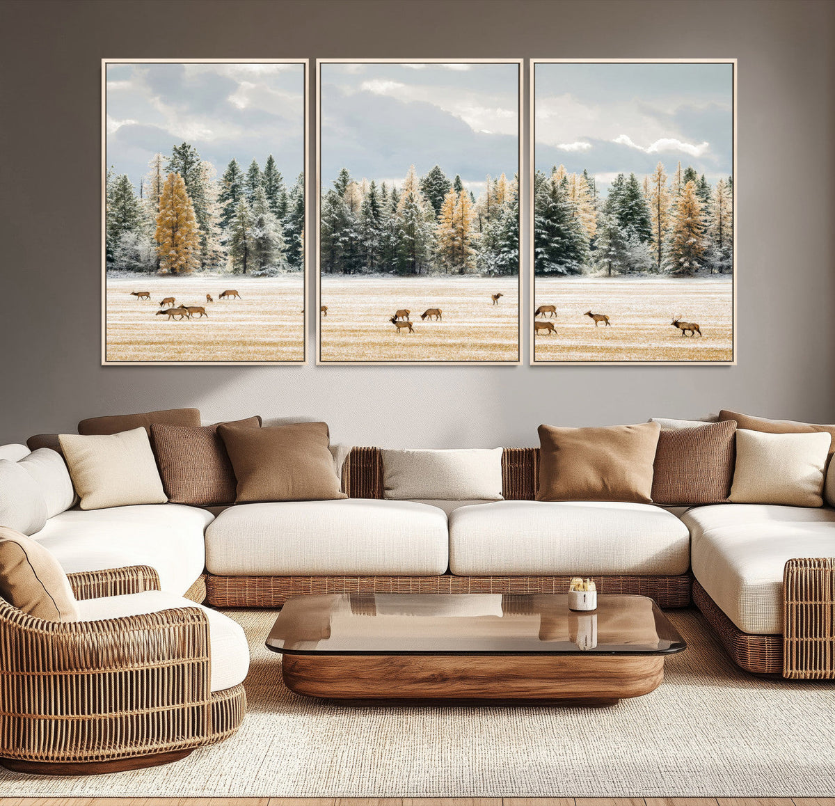 Elk Herd Wall Art, Framed Snowy Forest Canvas Artwork