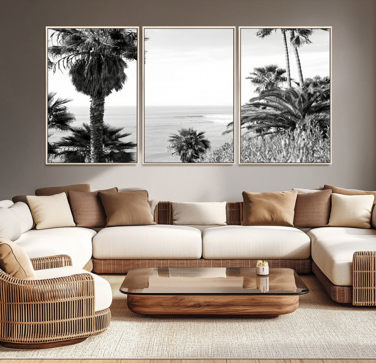 Palm Trees Wall Art Canvas Print, Framed Coastal Ocean Horizon Monochrome Art