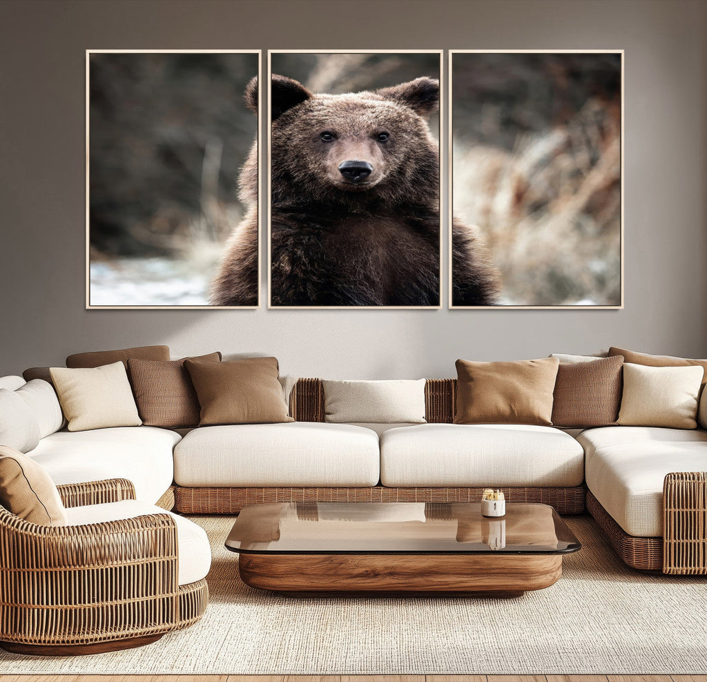 Brown Bear Wall Art Canvas Print, Framed Majestic Woodland Wildlife Cabin Art