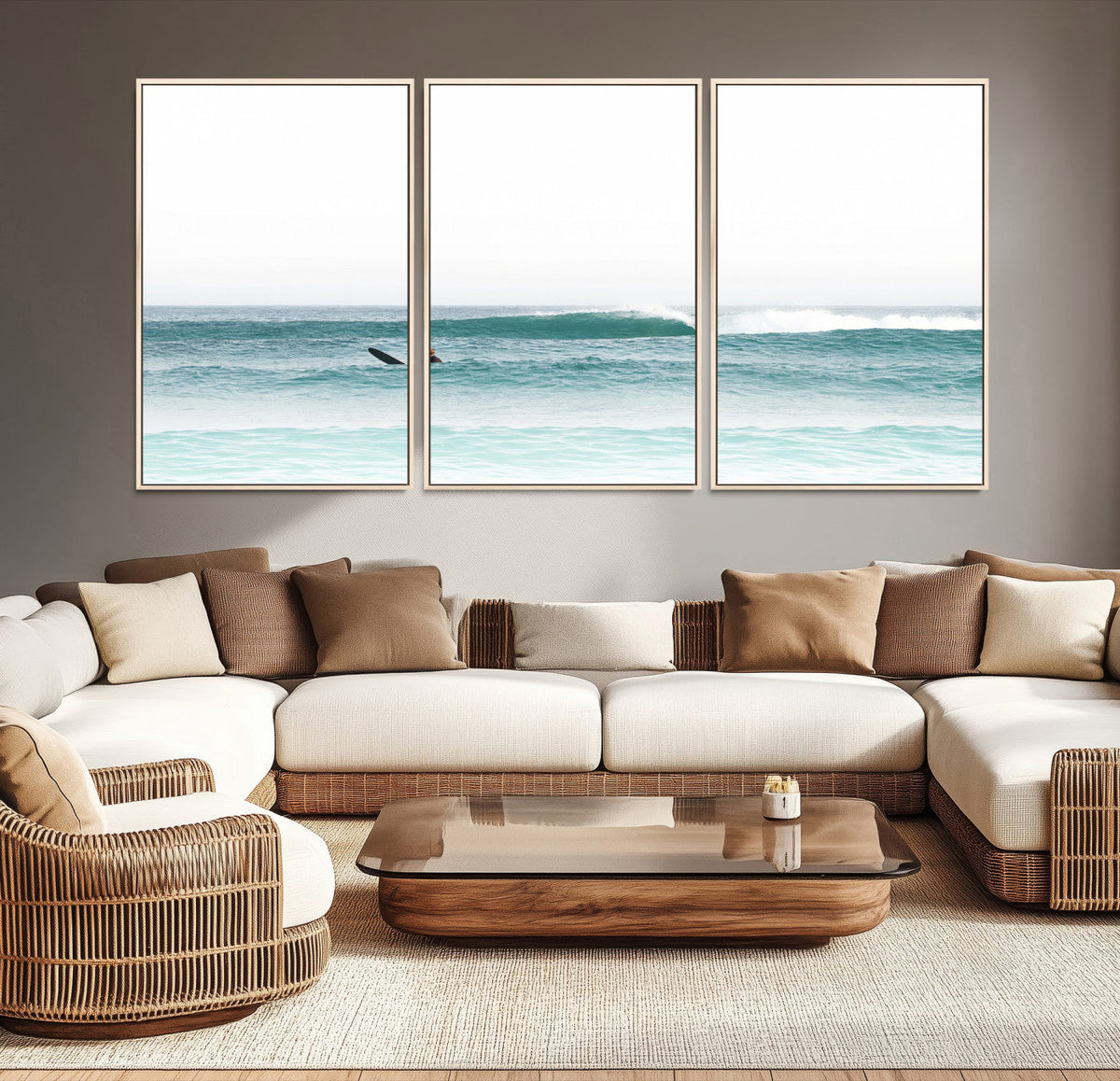 Surfing Wall Art Canvas Print, Framed Minimalist Ocean Waves Beach Art