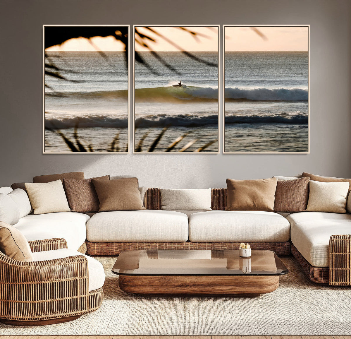 Sunset Surf Wall Art Canvas Print, Framed Golden Hour Waves Boho Beach Art