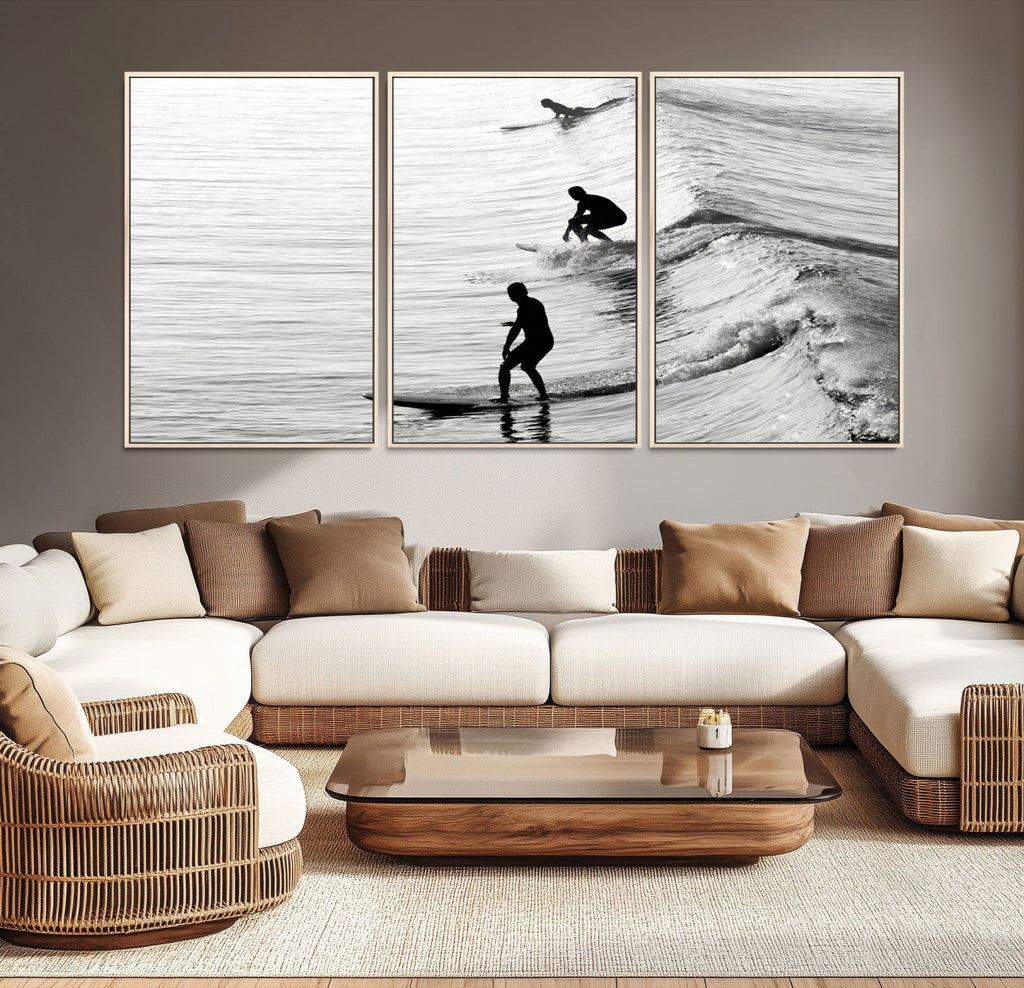 Surfers on Waves Wall Art Canvas Print | Framed Black and White Surf