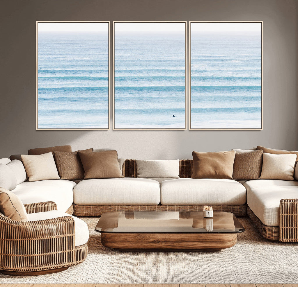 Ocean Wave Surfer Wall Art | Framed Minimal Seascape Canvas