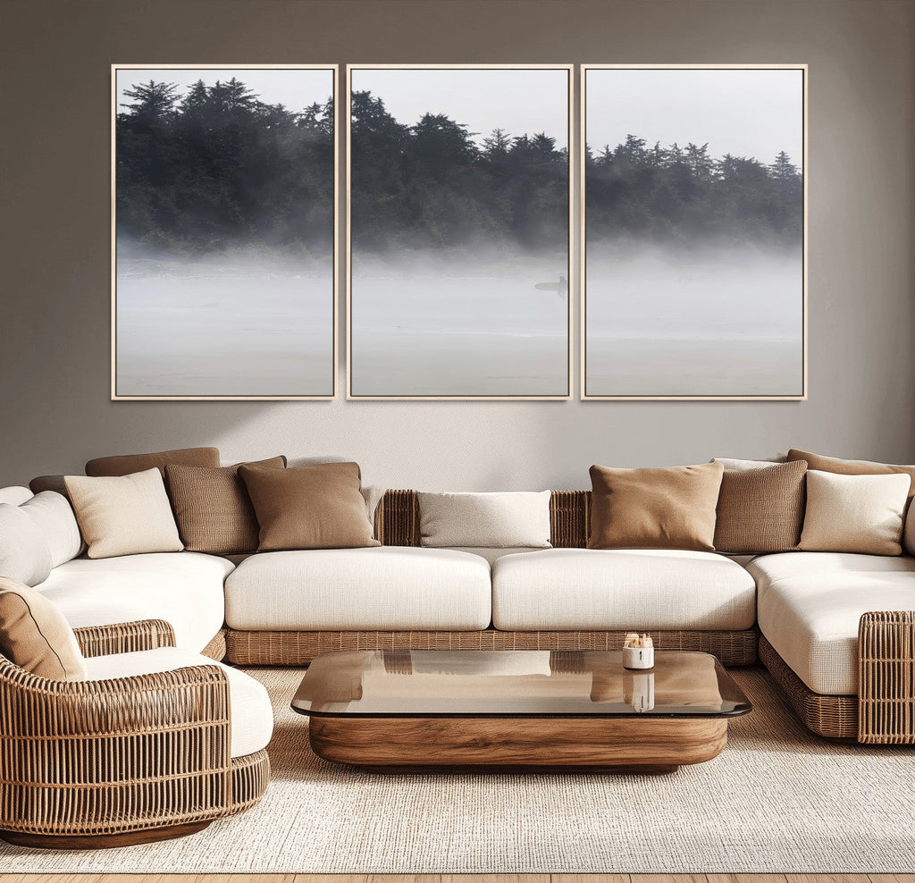 Surfer Fog Wall Art Canvas Print, Framed Foggy Beach and Coastal Surf Scene