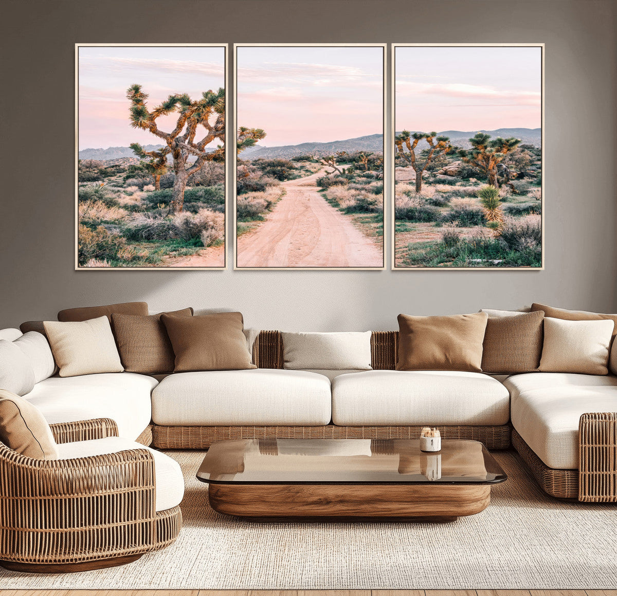 Joshua Tree Wall Art Canvas Print, Framed Desert Road Scene at Sunset