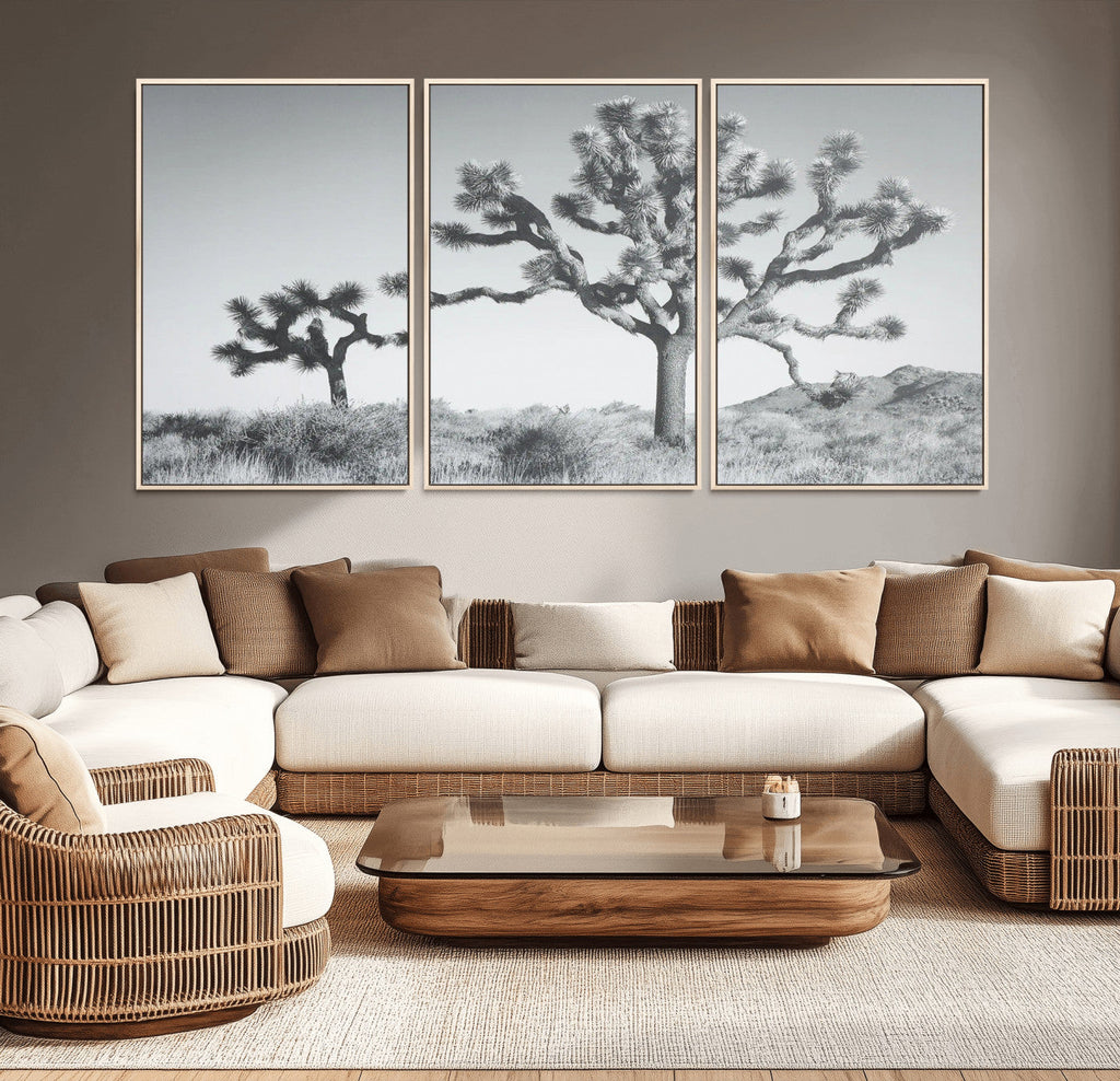 Joshua Tree Wall Art Canvas Print, Framed Black and White Desert Landscape Artwork