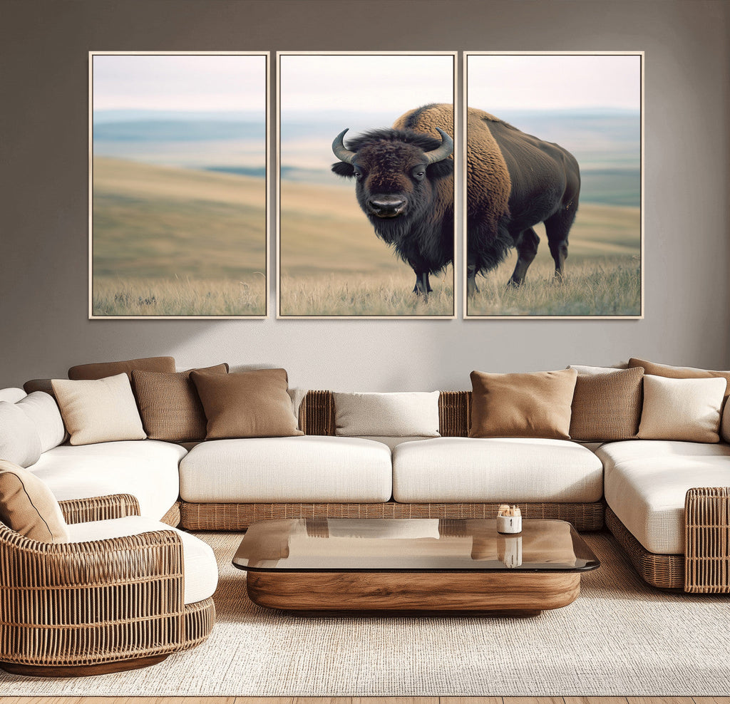 Bison Wall Art Canvas Print, Framed American Buffalo Rustic Western Artwork