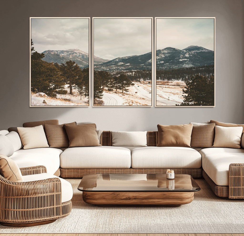 Mountain Landscape Wall Art Canvas Print, Framed Snowy Peaks Alpine Winter