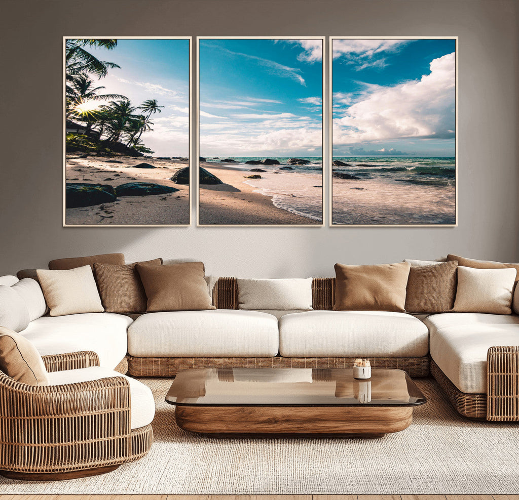Tropical Beach Wall Art Canvas Print, Framed Ocean Waves Relaxing Seascape