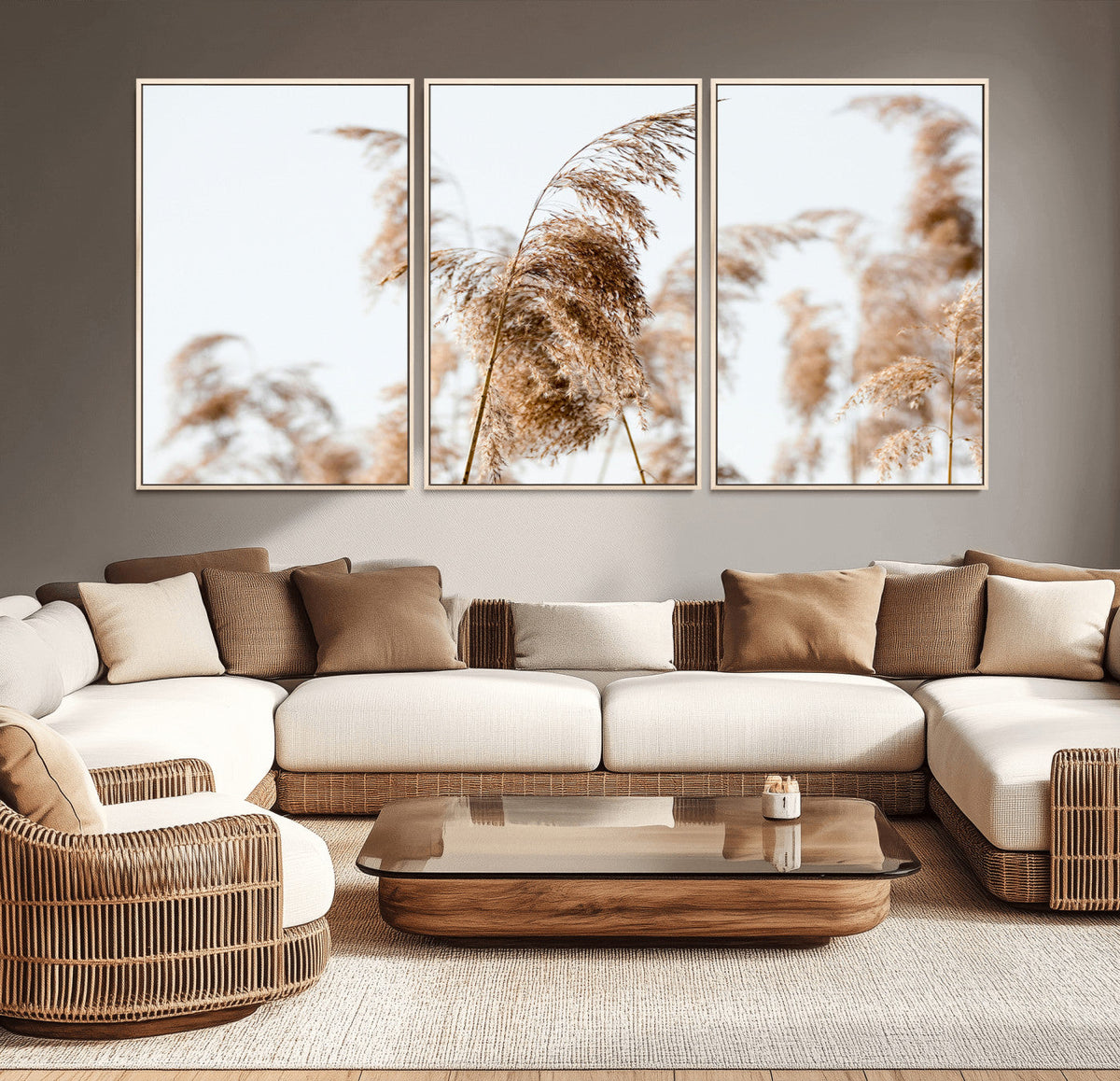Pampas Grass Wall Art Canvas Print, Framed Neutral Tones Minimalist Boho