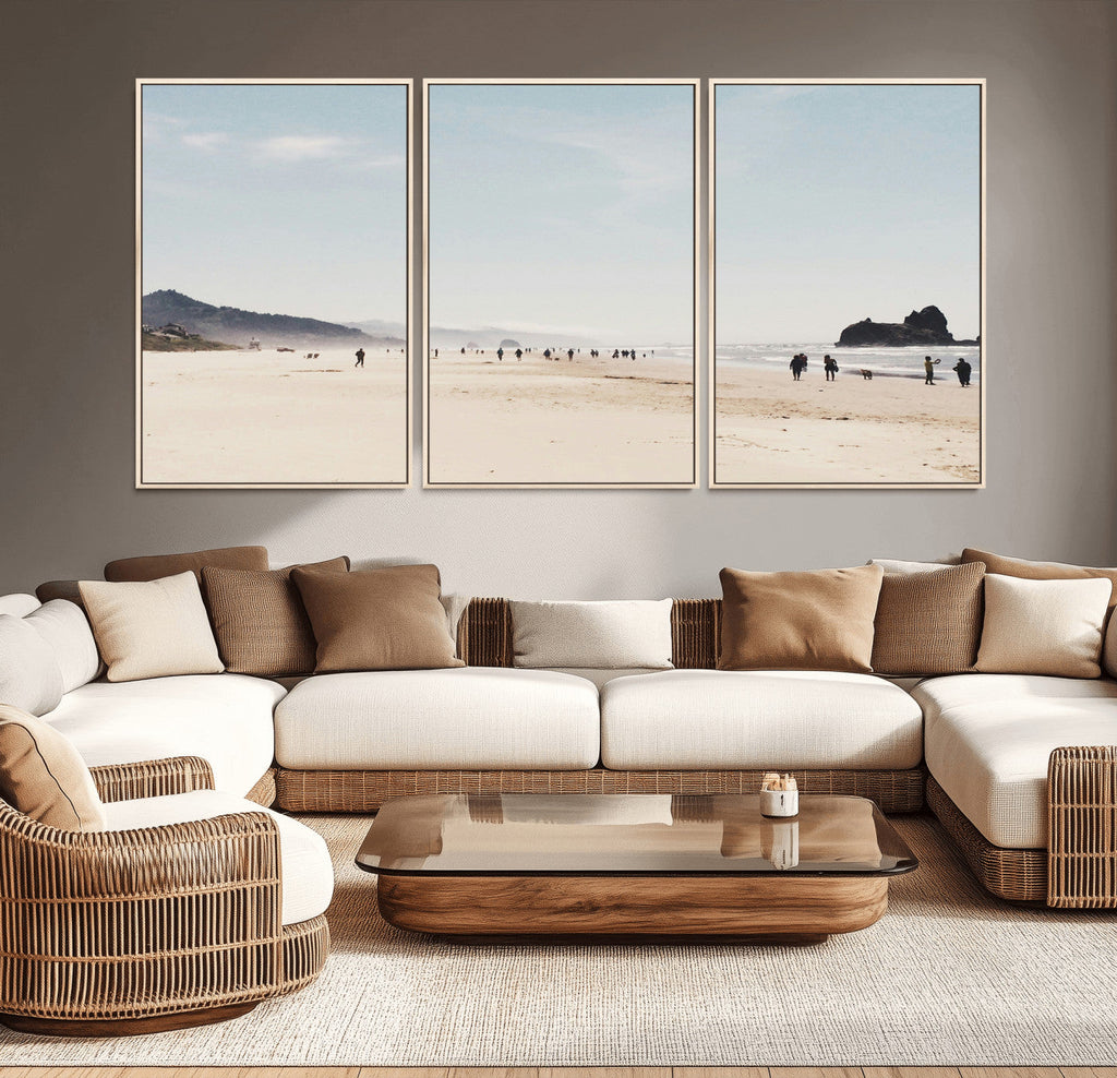 Minimalist Beach Wall Art Canvas Print, Framed Coastal Serenity Soft Sand