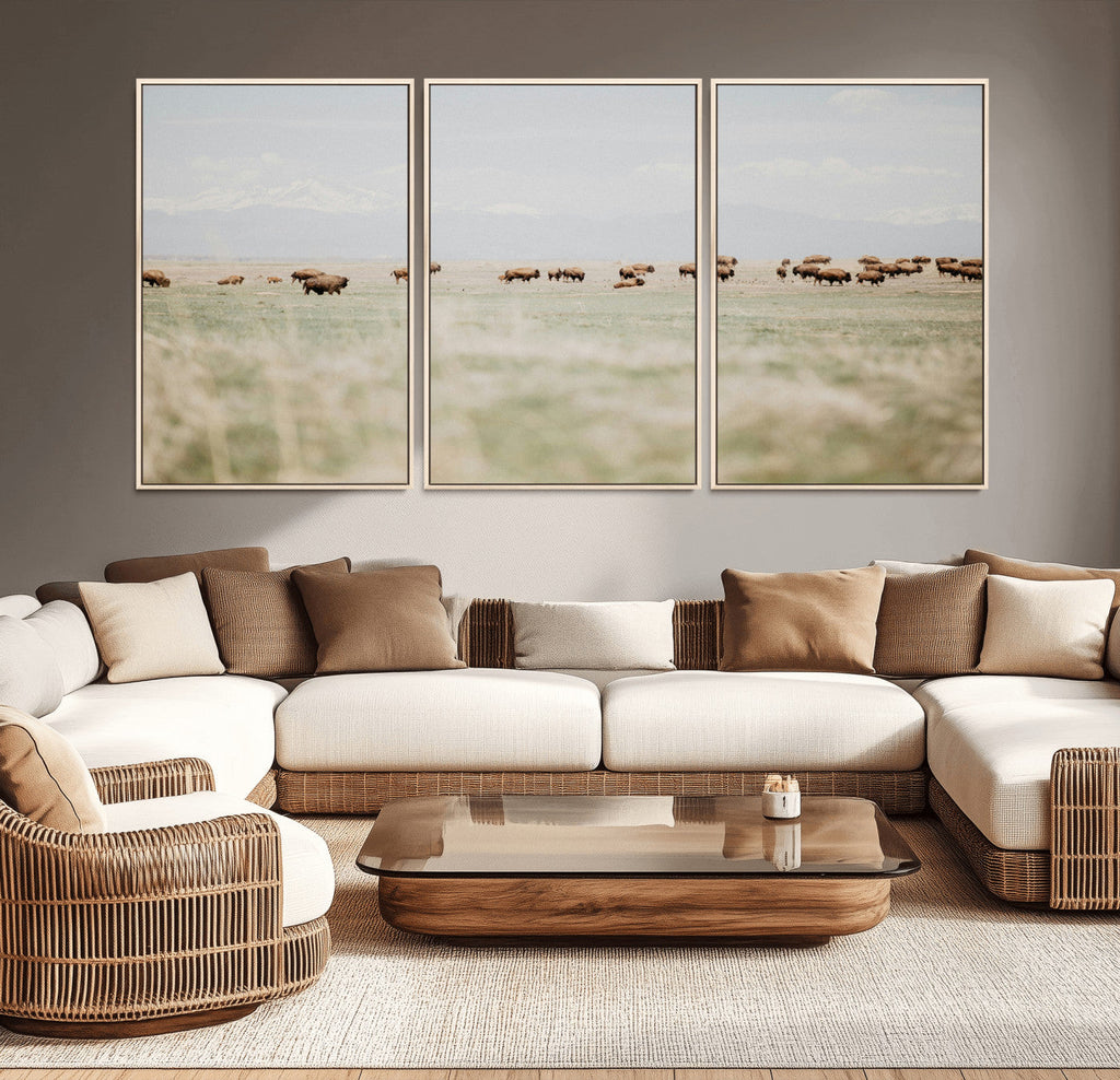 Bison Herd Wall Art Canvas Print, Framed Western Ranch Nature Scene